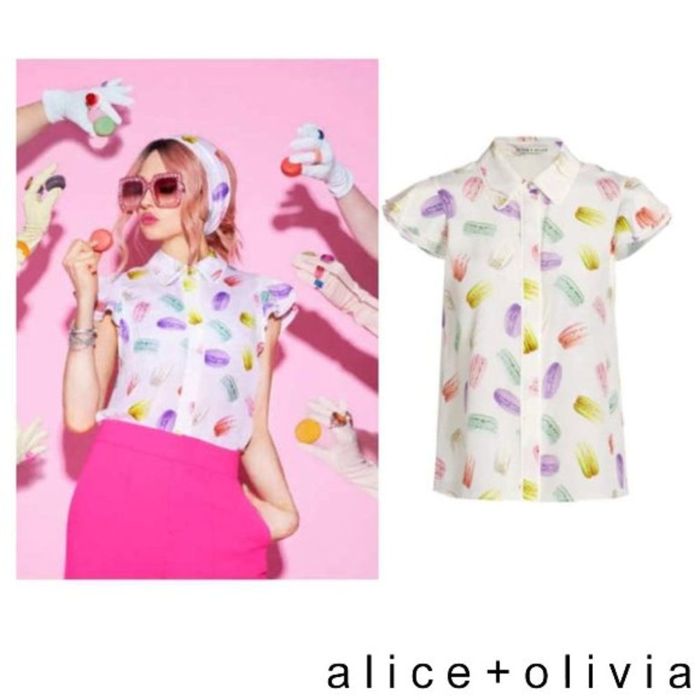 Alice + Olivia Eli Macaron Flutter-Sleeve Silk Top, Size Large